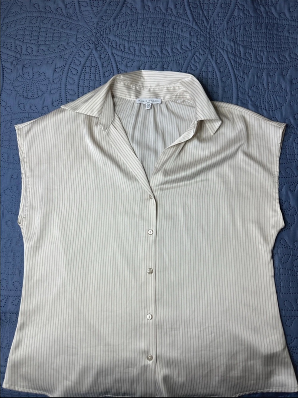 Masai Light Cream Pinstripe Button-Down Cap Sleeve Shirt